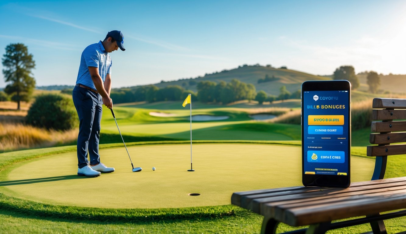 Seorang pemain golf sedang bersiap memukul bola di lapangan golf yang hijau dan cerah dengan pemandangan alam di latar belakang.