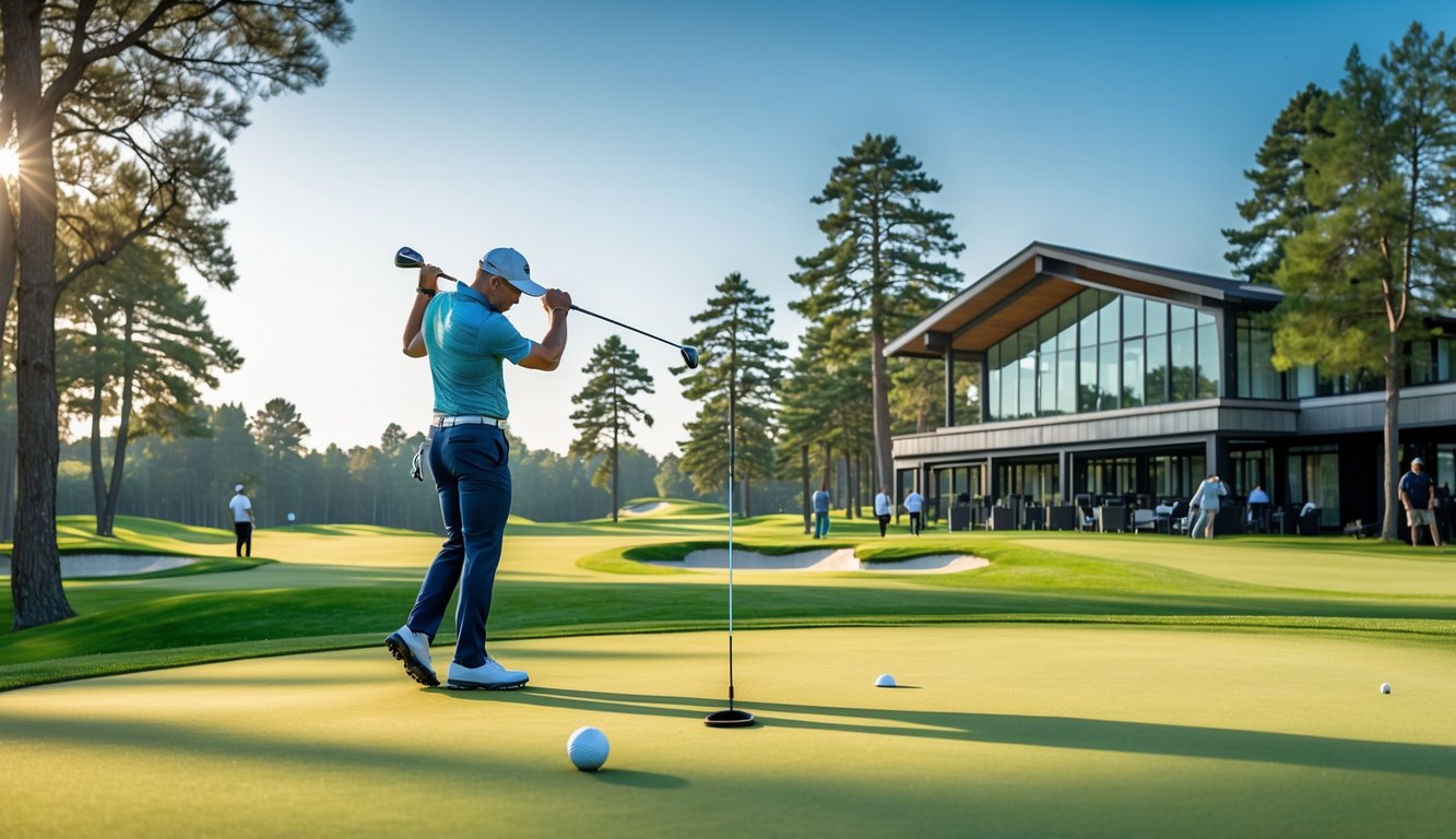Seorang pemain golf sedang bersiap memukul bola di lapangan golf yang hijau dengan clubhouse modern di latar belakang.