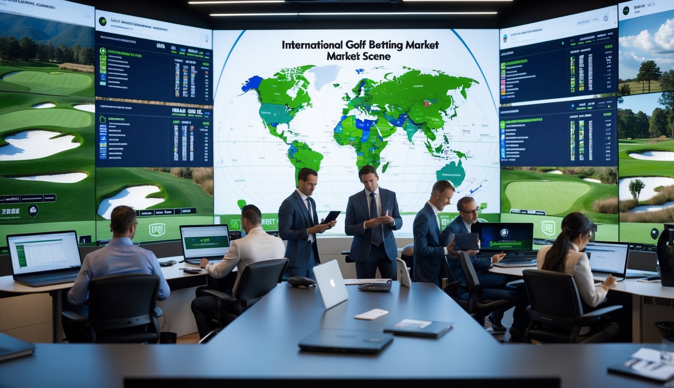 Suasana kantor modern dengan beberapa orang sedang memantau data taruhan golf internasional di layar besar dan perangkat elektronik lainnya.