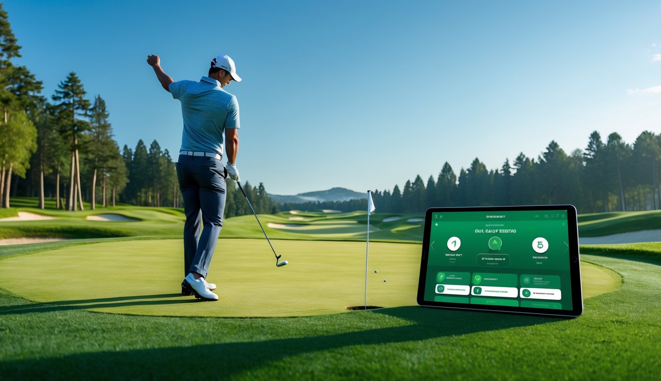 Seorang pegolf sedang mengayunkan tongkat golf di lapangan golf yang hijau dan luas dengan langit cerah.