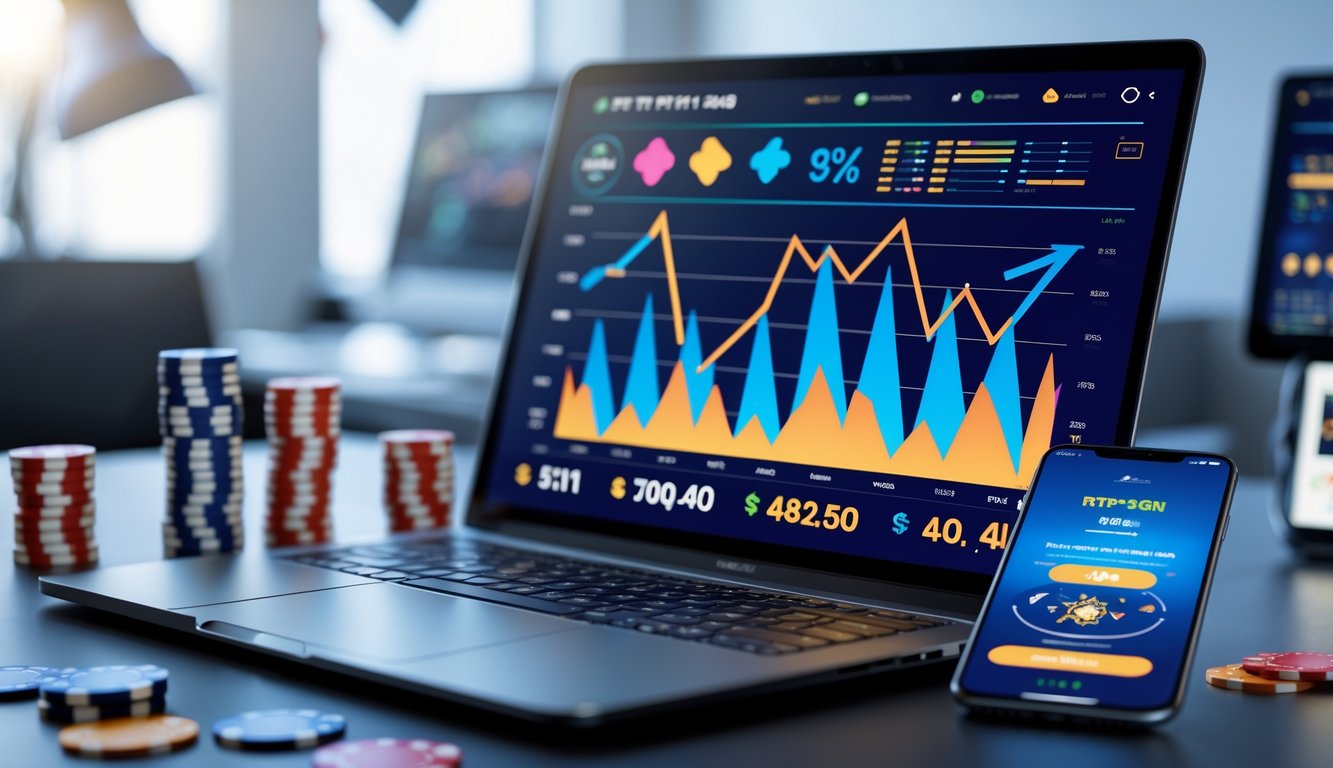 Seorang pengguna duduk di depan komputer dengan grafik dan data RTP permainan slot online di layar, di ruang kerja modern dengan elemen terkait perjudian seperti chip poker dan kartu.