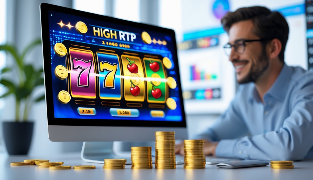 Seorang profesional tersenyum di depan komputer dengan simbol mesin slot berwarna-warni di layar, menunjukkan konsep situs judi online terpercaya dengan pengembalian tinggi.