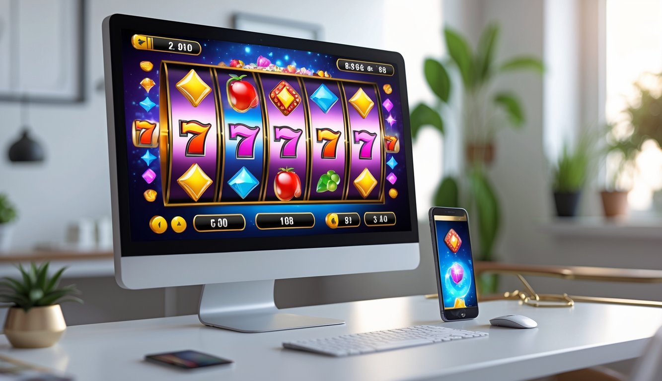 Antarmuka kasino online dengan permainan slot berwarna-warni yang ditampilkan pada monitor komputer dan ponsel di atas meja kerja yang rapi.
