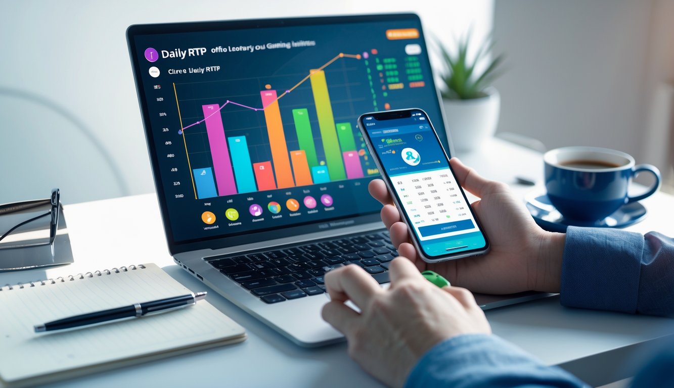 Seorang pria menggunakan laptop dan ponsel di meja kerja untuk memeriksa data permainan online.