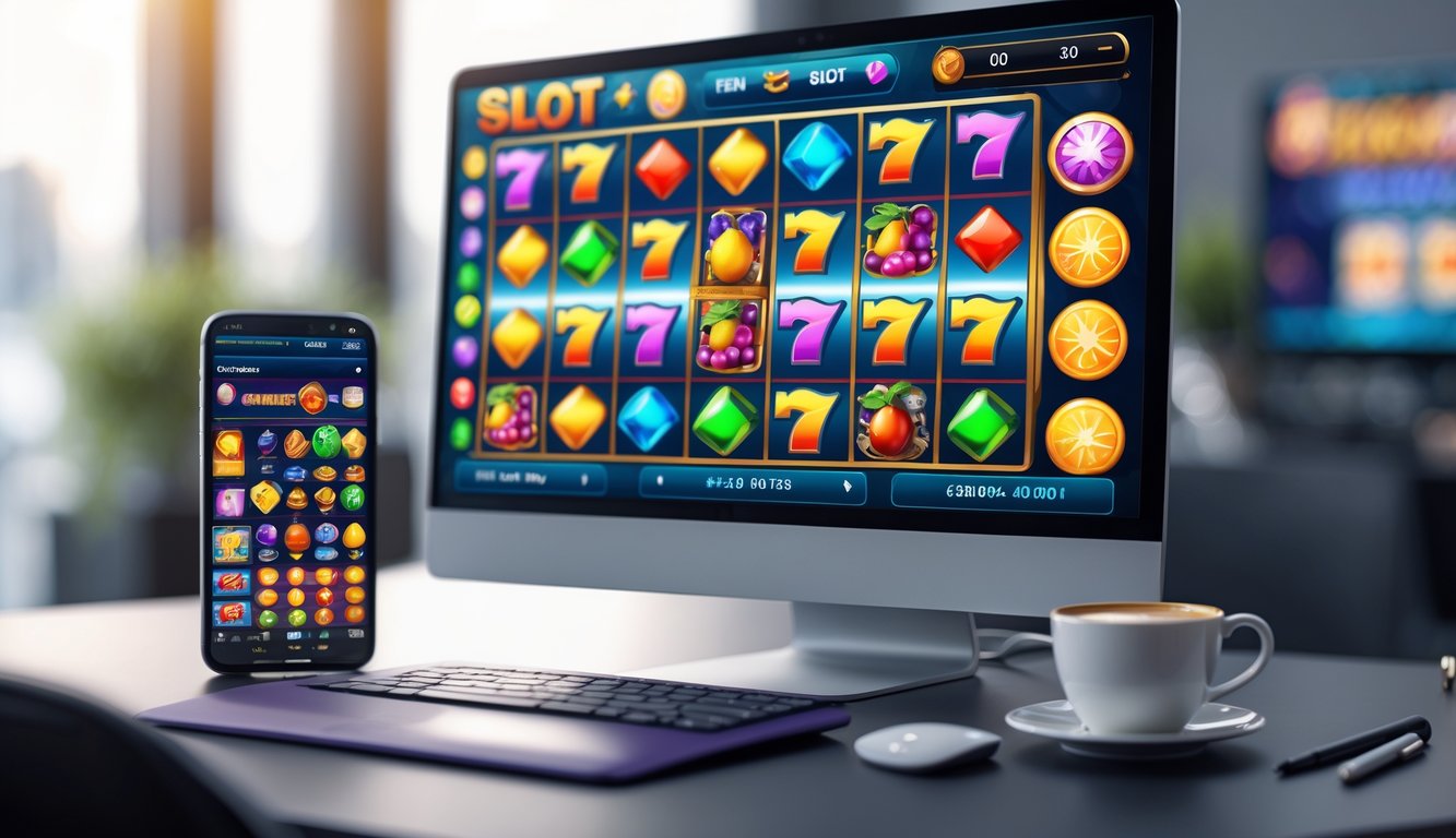 Seorang pria duduk di depan komputer yang menampilkan permainan mesin slot berwarna-warni di layar.