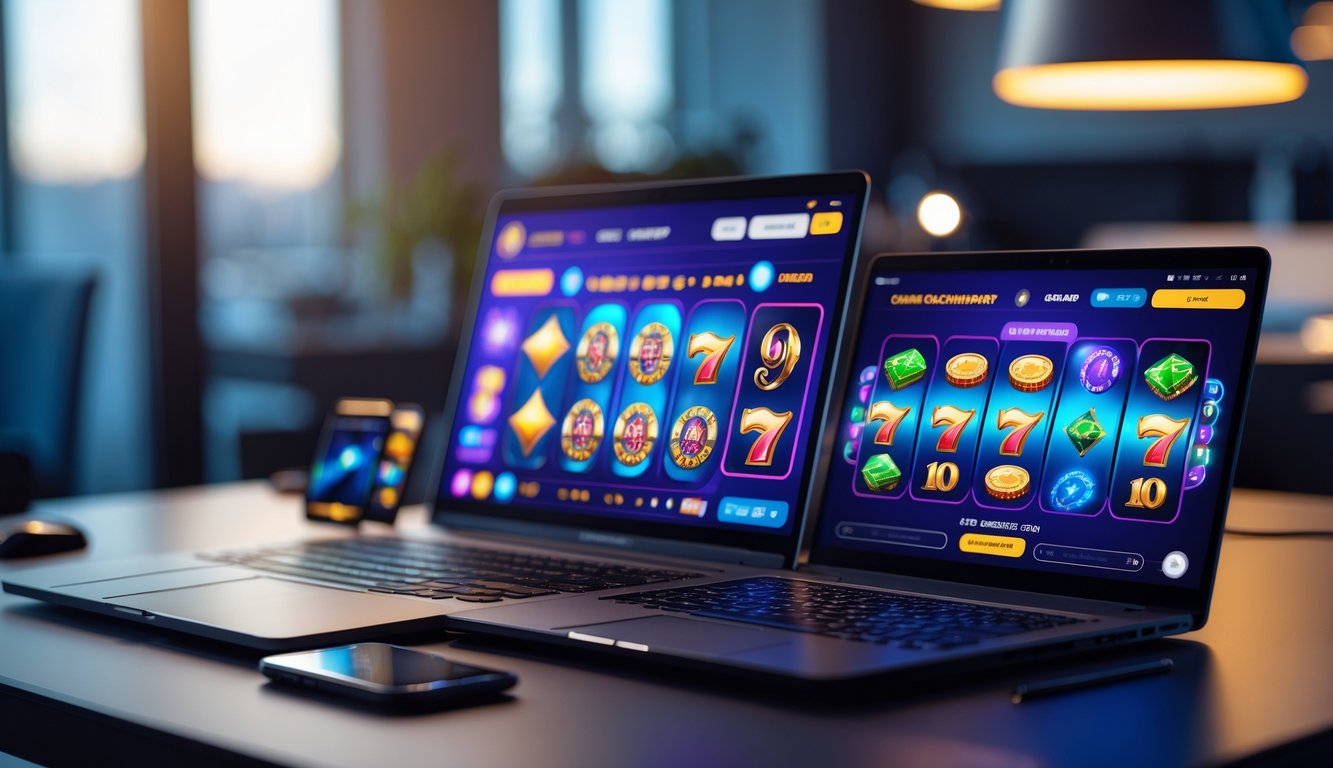 Meja kerja modern dengan laptop dan ponsel yang menampilkan permainan kasino online.