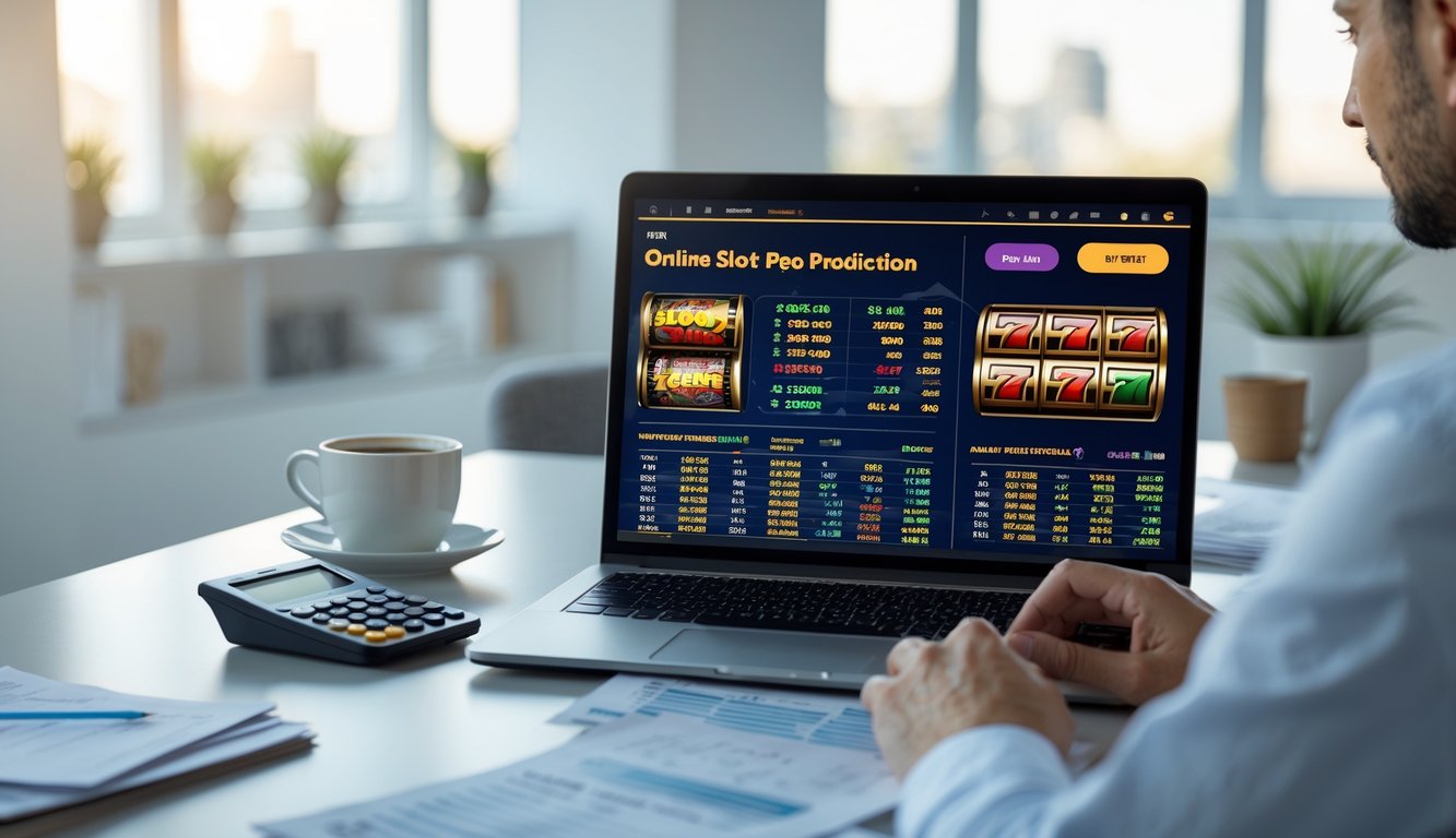 Orang sedang menganalisis data prediksi RTP permainan slot menggunakan laptop dan kalkulator di meja kerja.