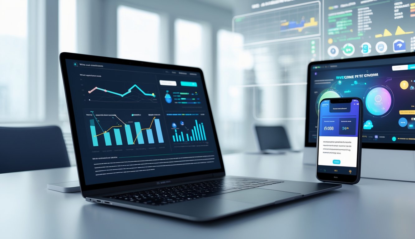 Seorang profesional bekerja di meja dengan laptop dan ponsel yang menampilkan grafik dan antarmuka situs terkait ulasan RTP online tahun 2025.