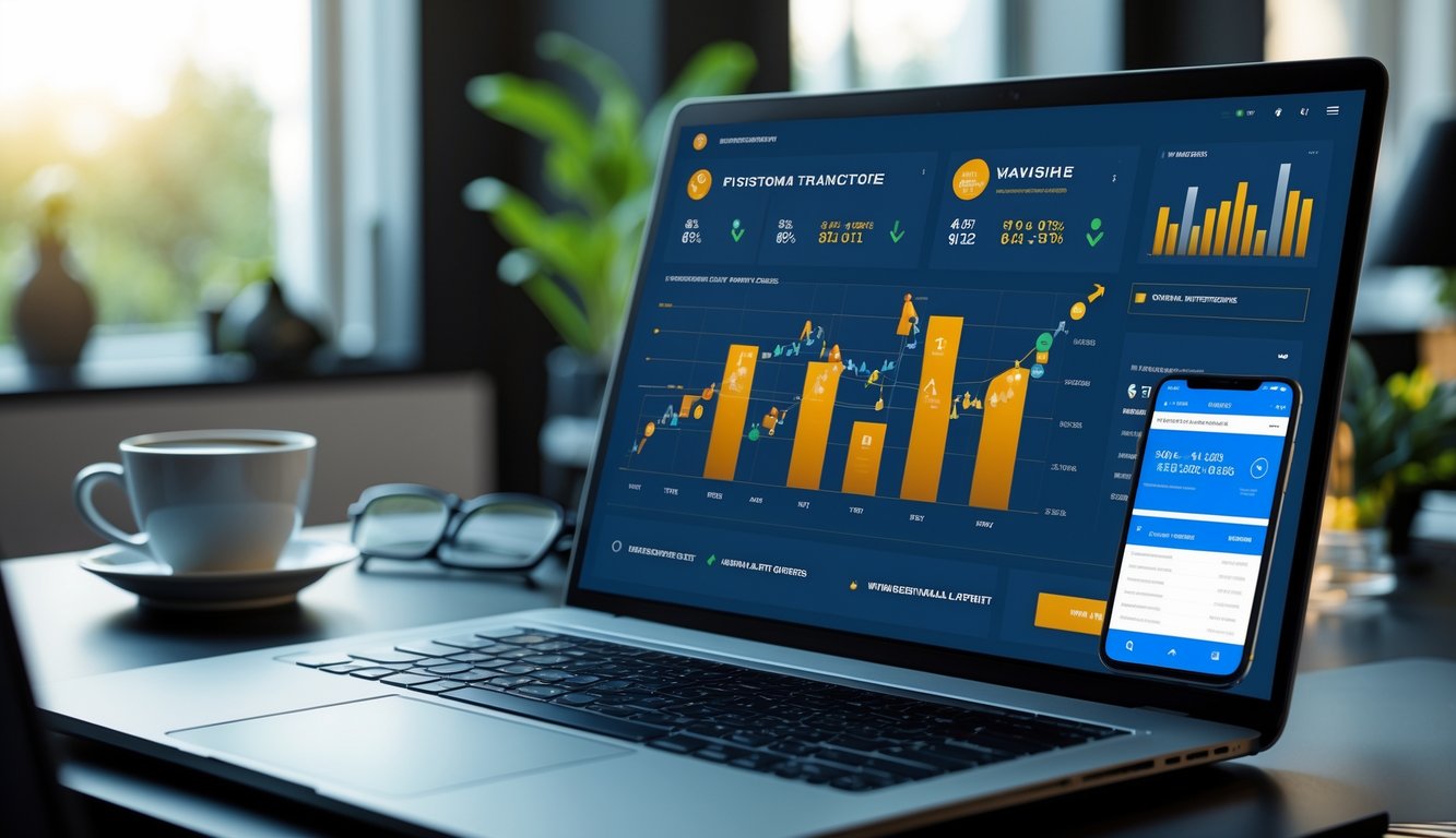 Sebuah ruang kerja modern dengan laptop yang menampilkan grafik keuangan dan smartphone di atas meja, menunjukkan suasana profesional dan efisien.