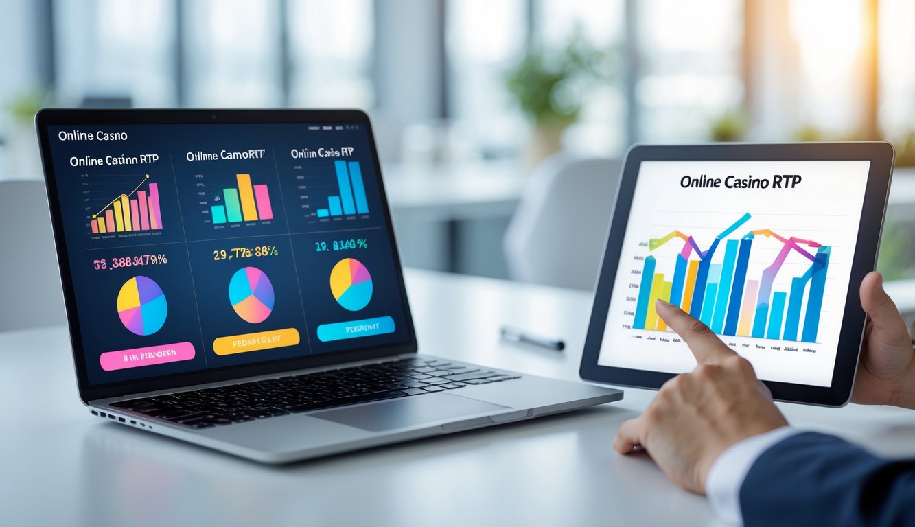 Seseorang sedang membandingkan grafik RTP kasino online di laptop dan tablet di meja kerja.