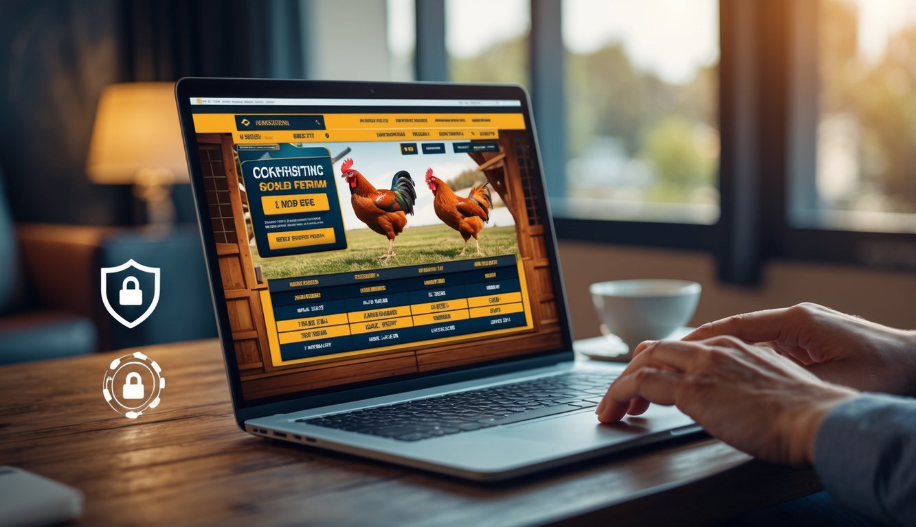 Seseorang menggunakan laptop di meja kayu dengan tampilan situs judi sabung ayam online yang berwarna-warni.