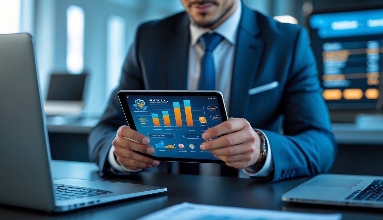 Seorang pebisnis menggunakan tablet di kantor modern dengan grafik keuangan di layar.