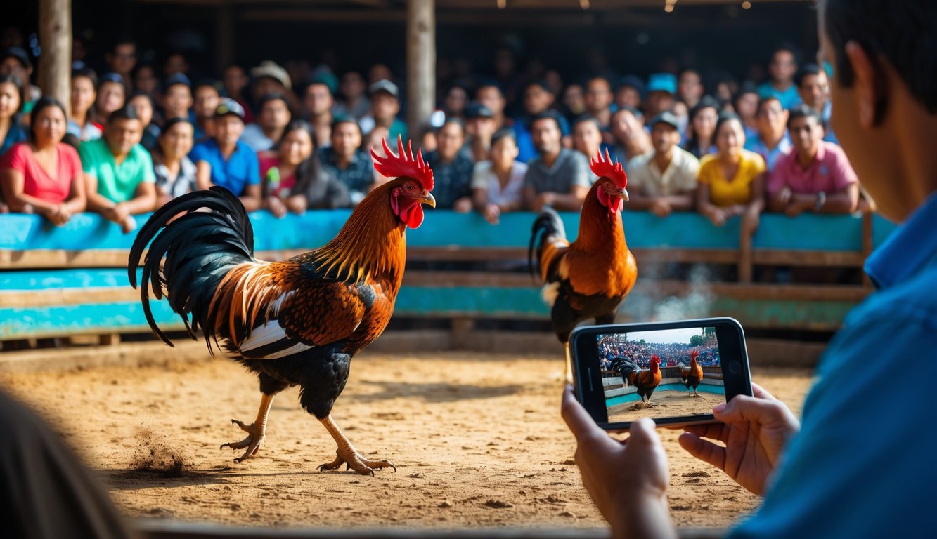 Orang-orang menonton sabung ayam di arena kayu sementara seseorang melakukan siaran langsung menggunakan ponsel.