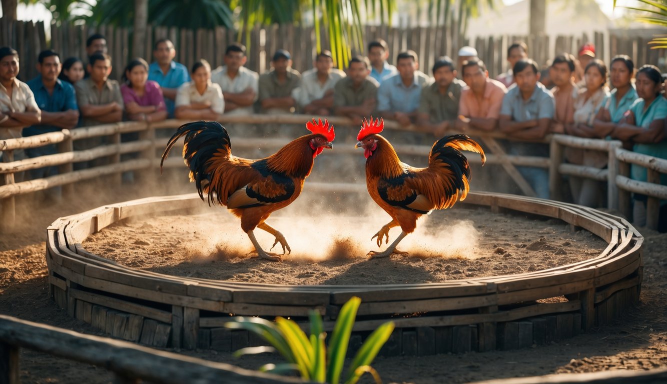 Adegan sabung ayam tradisional dengan dua ayam bertarung di arena kayu dan penonton yang memperhatikan dengan serius.