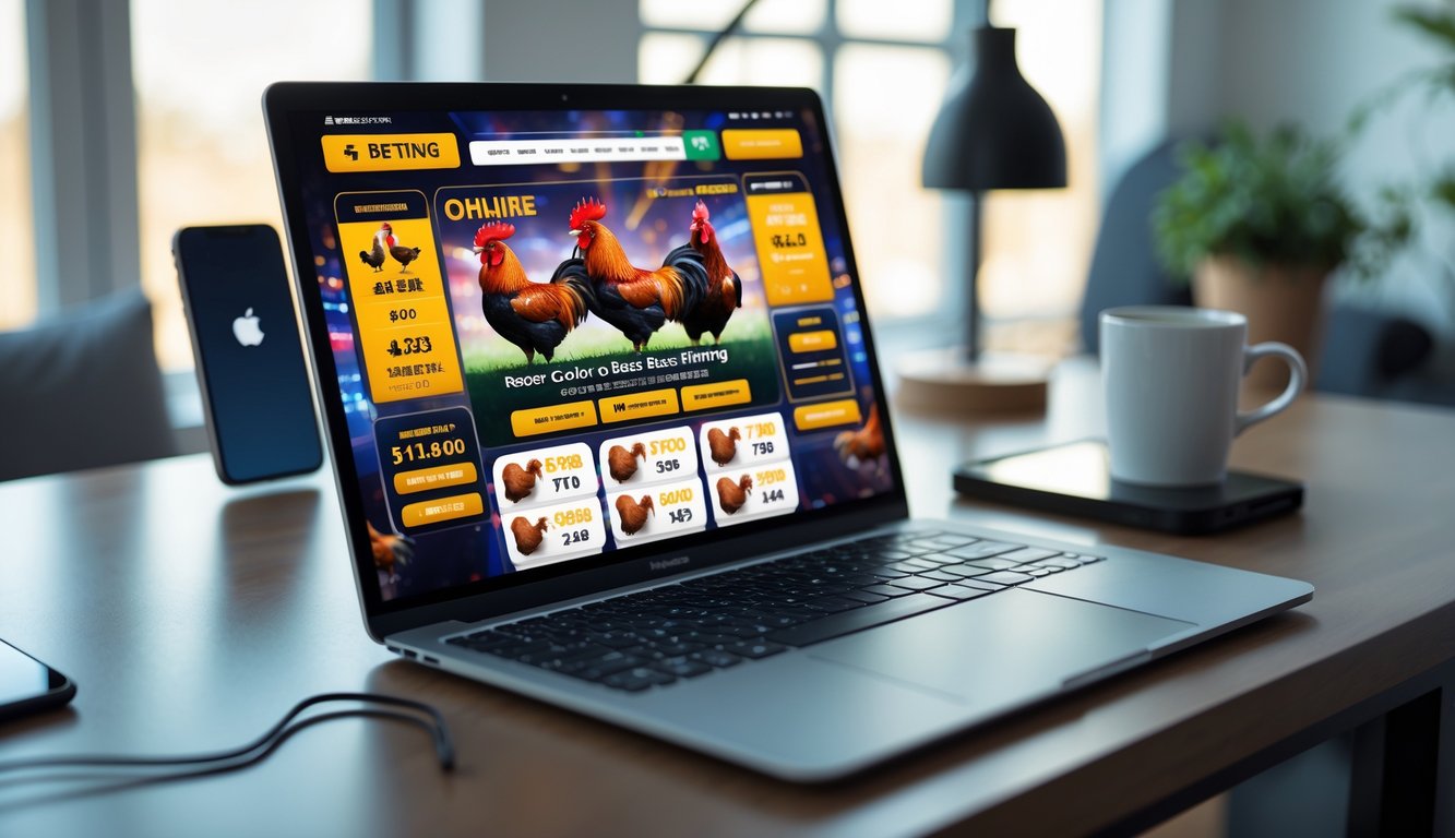 Seorang pria menggunakan laptop di meja kerja dengan tampilan situs taruhan sabung ayam online di layar.