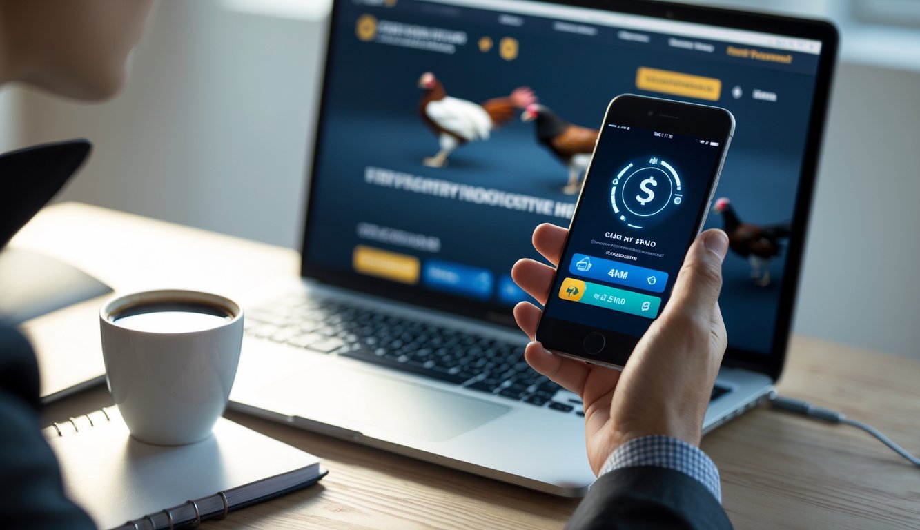 Tangan memegang smartphone dengan aplikasi pembayaran digital yang aman, di latar belakang layar laptop menampilkan situs taruhan online dengan suasana ruang kerja yang rapi.