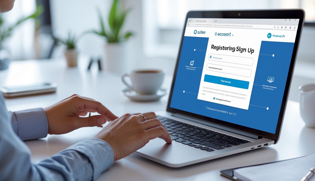 Seseorang sedang mendaftar akun menggunakan laptop di ruang kerja yang terang dan rapi.