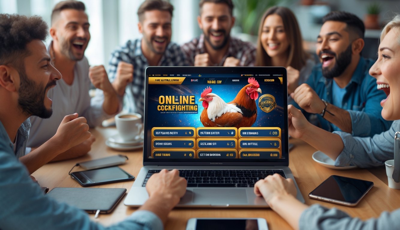 Beberapa orang berkumpul di ruang tamu sambil melihat layar perangkat yang menampilkan taruhan sabung ayam online dengan ekspresi antusias dan fokus.