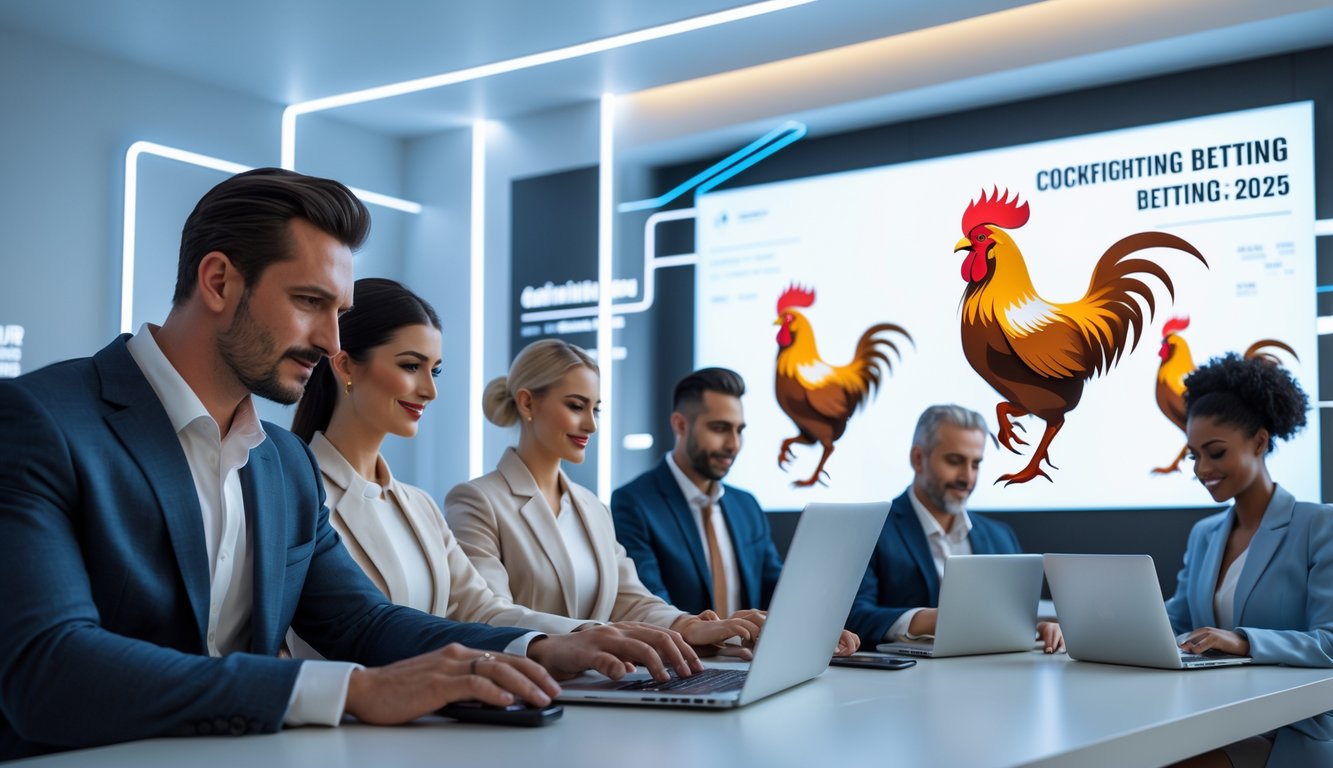 Sekelompok orang menggunakan laptop dan ponsel di ruangan modern dengan layar digital yang menampilkan gambar abstrak ayam jago.