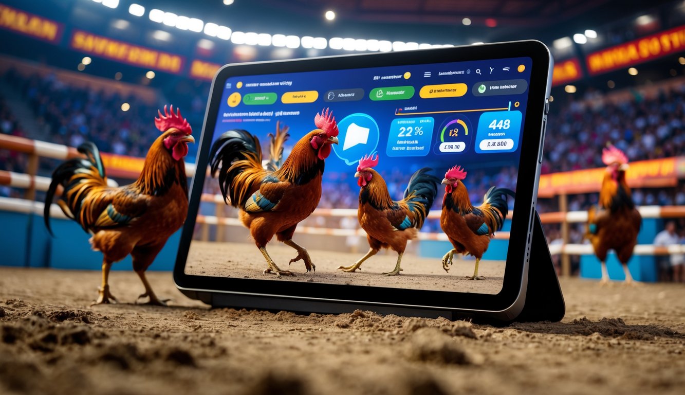 Dua ayam aduan sedang bertarung di arena dengan layar perangkat digital menampilkan siaran langsung pertandingan.