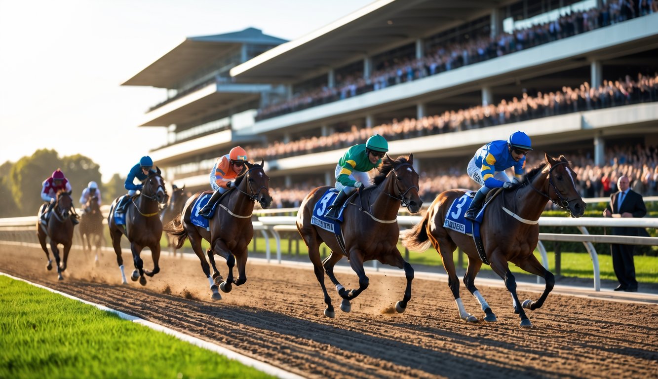 Balapan kuda dengan beberapa kuda dan joki berlari di lintasan dengan penonton yang antusias di tribun.