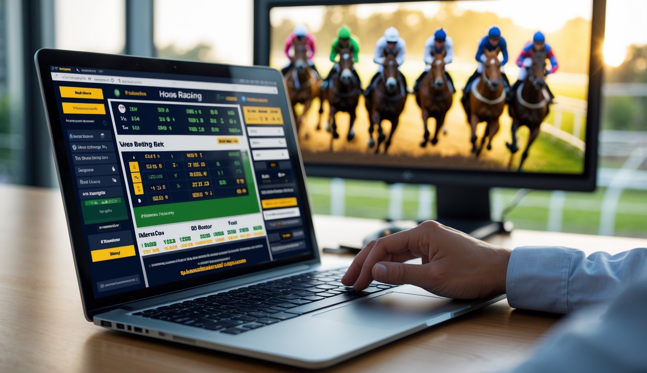Seseorang menggunakan laptop dengan tampilan taruhan pacuan kuda online, di latar belakang terlihat layar besar menampilkan perlombaan kuda secara langsung.