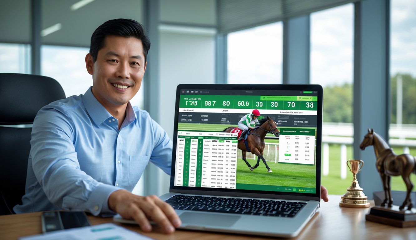 Seorang pria Asia percaya diri berdiri di kantor modern dengan laptop yang menampilkan data pacuan kuda.