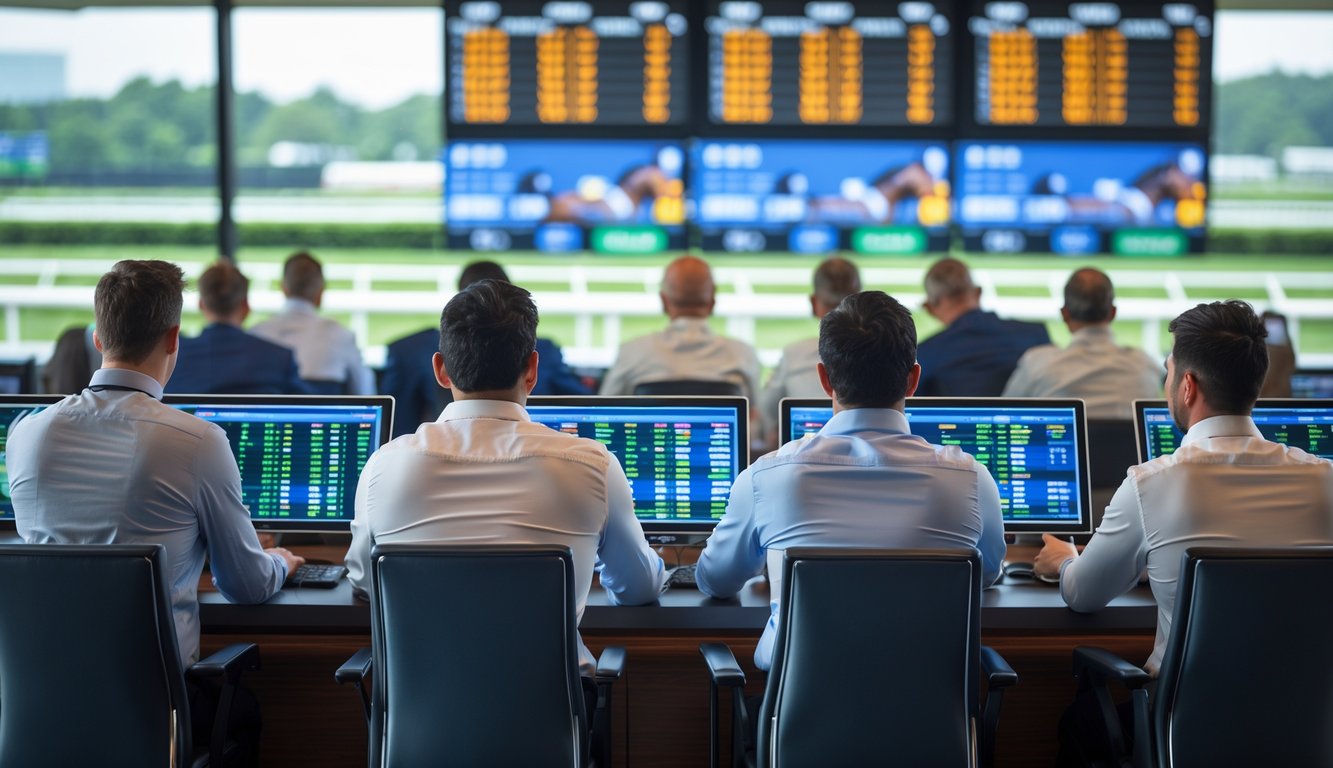 Beberapa orang sedang memasang taruhan pada balap kuda dengan layar besar menampilkan odds tinggi di latar belakang.