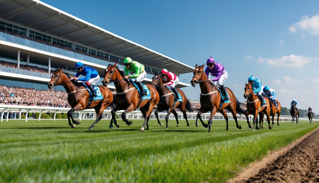 Beberapa kuda pacuan berlari cepat di lintasan dengan joki mengenakan pakaian berwarna-warni, dikelilingi oleh penonton di tribun.