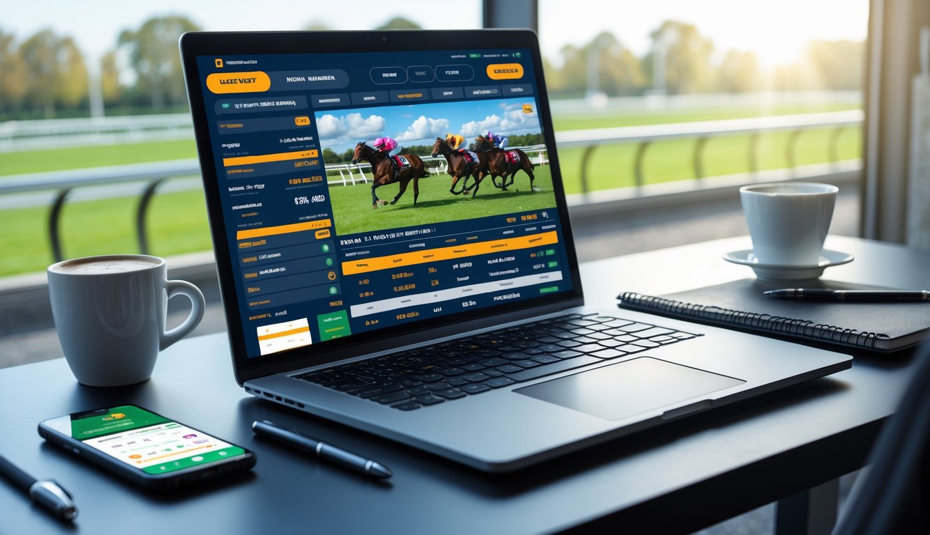 Seorang pria menggunakan laptop di meja kerja dengan latar belakang lintasan pacuan kuda dan kuda berlari.