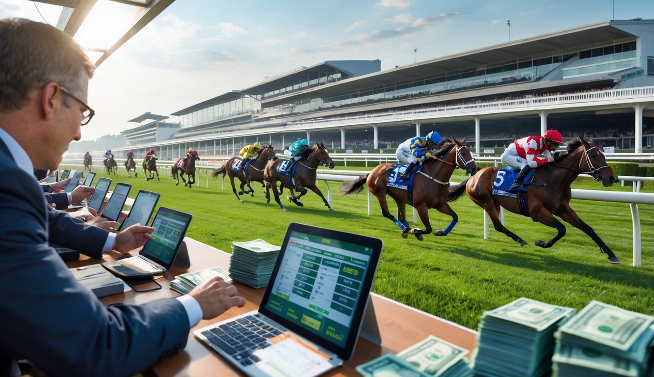 Lomba pacuan kuda sedang berlangsung dengan beberapa orang memasang taruhan uang asli di dekat lintasan.