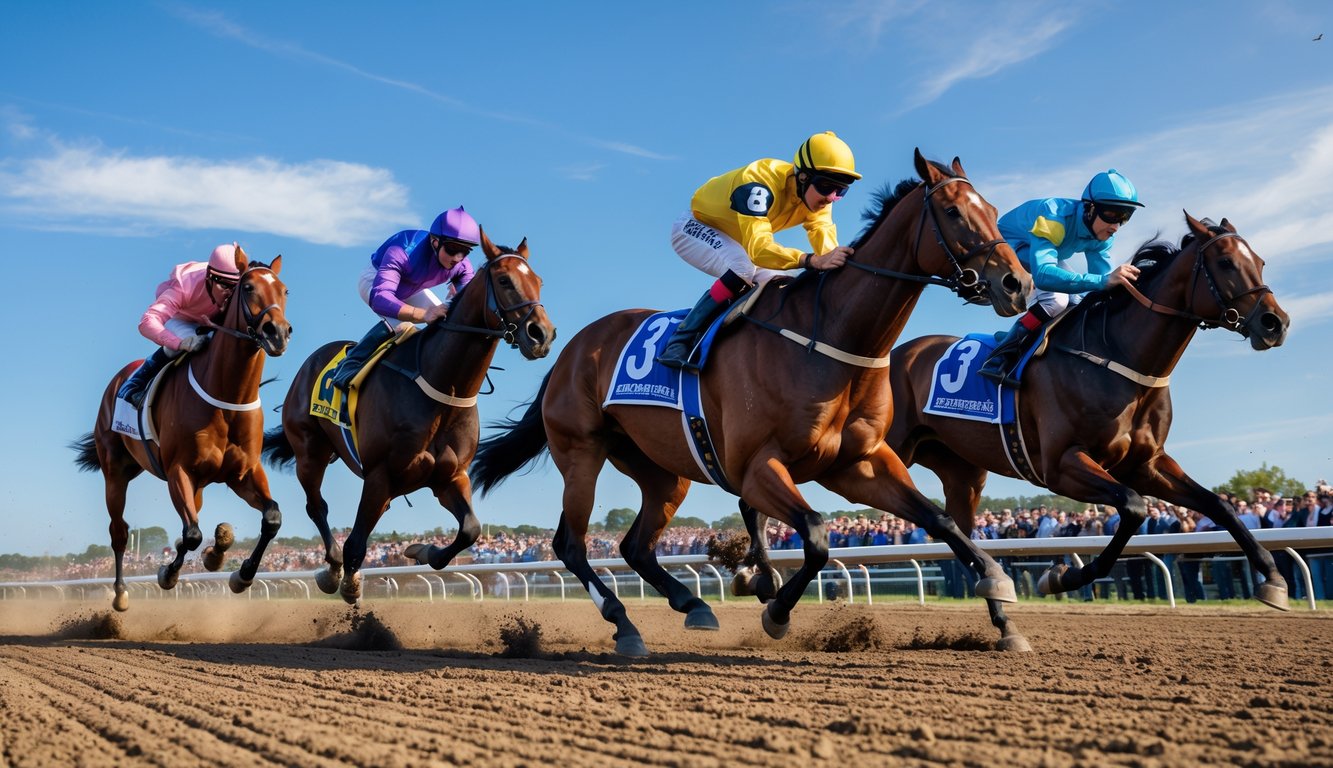 Beberapa kuda pacu dengan joki berwarna-warni sedang berlari cepat di lintasan pacuan kuda dengan penonton di latar belakang.