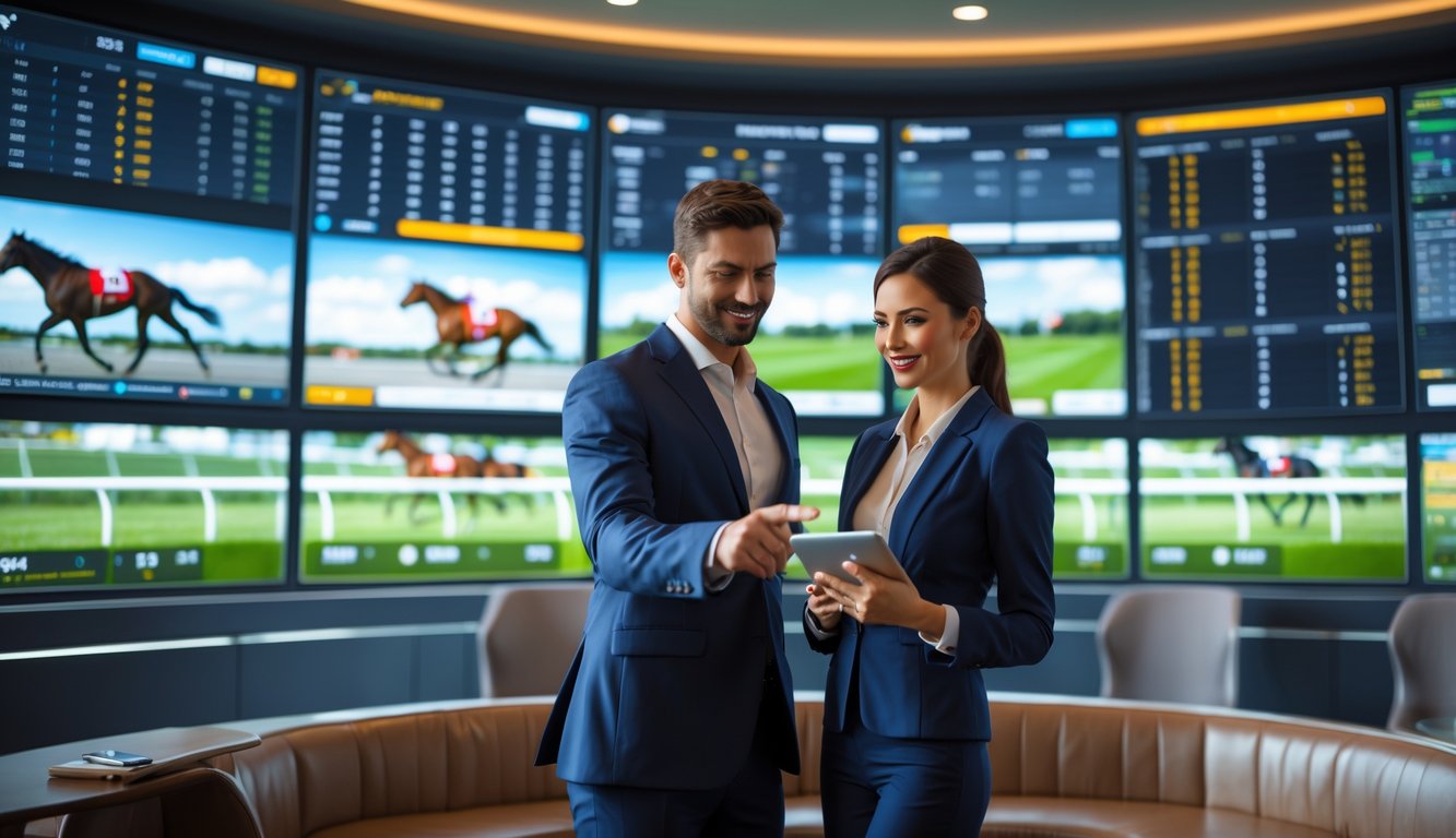 Seorang pria dan wanita berdiri di depan layar digital besar yang menampilkan statistik dan siaran langsung pacuan kuda di sebuah lounge taruhan modern dengan latar belakang trek pacuan kuda.