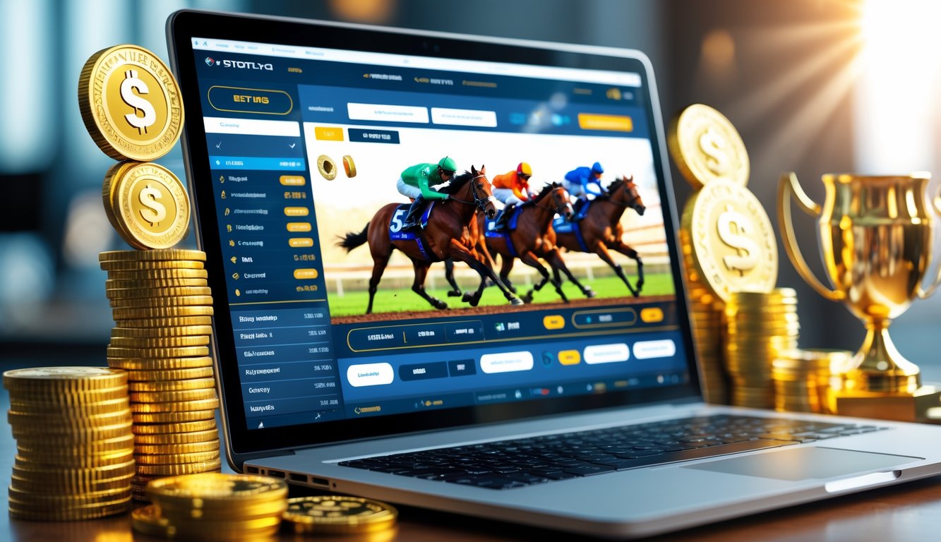 Seseorang menggunakan komputer untuk memasang taruhan kuda online dengan hadiah besar yang terlihat di layar.