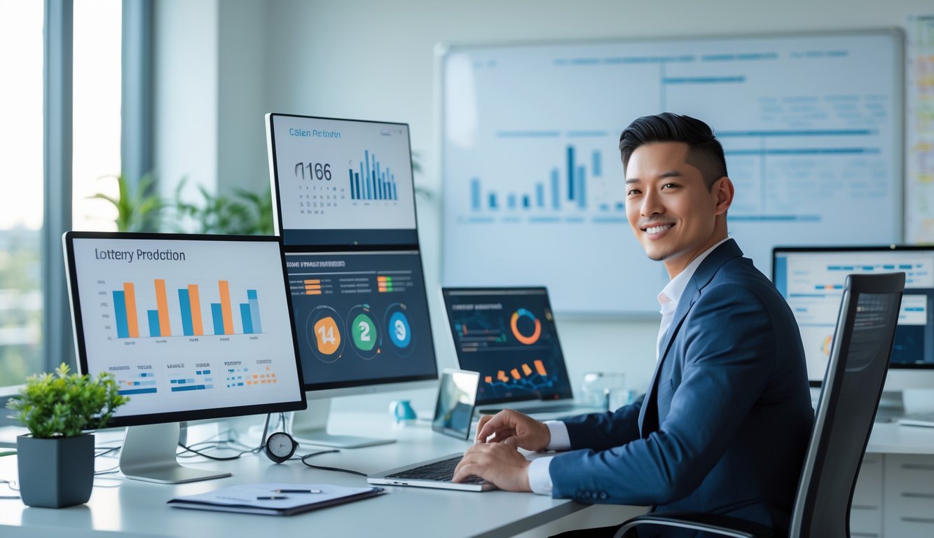 Seorang profesional di kantor modern sedang menganalisis data pada beberapa layar komputer yang menampilkan grafik dan angka terkait prediksi togel.