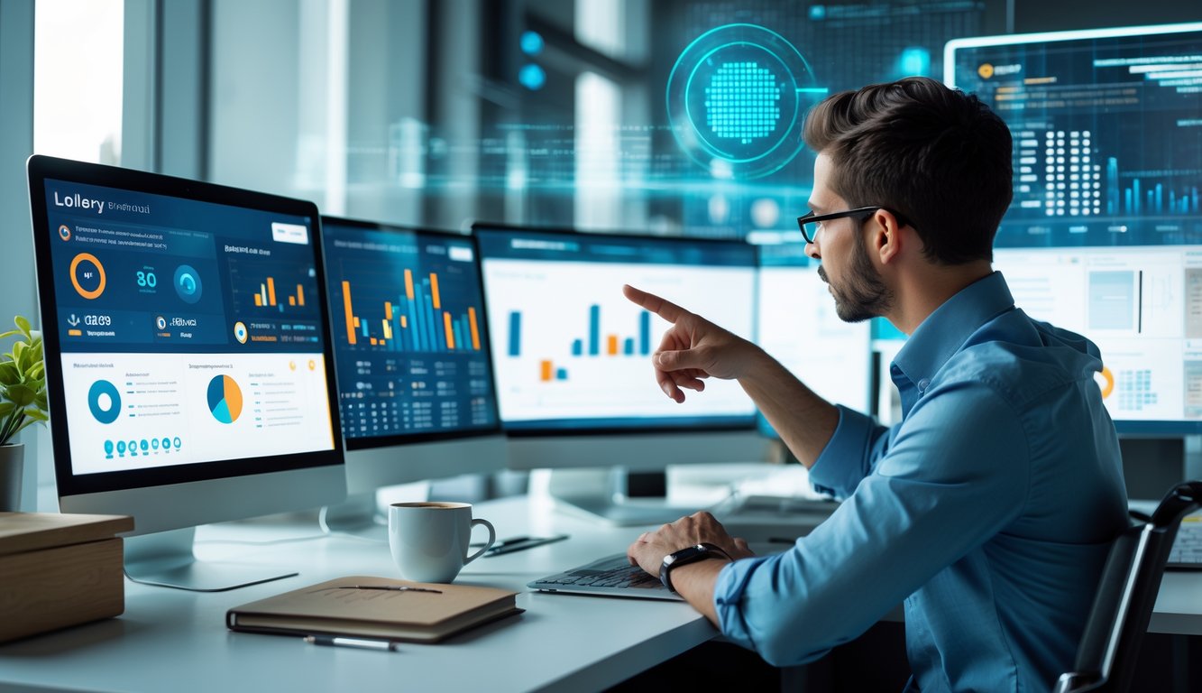 Seseorang sedang menganalisis data pada beberapa layar komputer di kantor modern untuk memprediksi togel online dengan akurat.