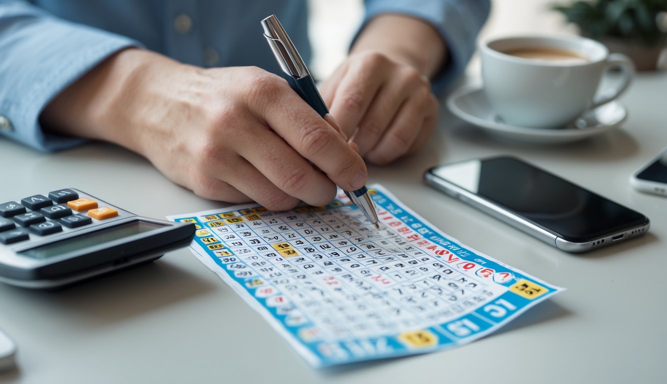Tangan seseorang sedang mengisi tiket lotere dengan pena di atas meja dengan kalkulator, kopi, dan ponsel di sekitar.