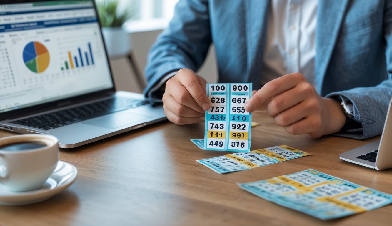 Tangan seseorang memegang tiket togel di atas meja kayu dengan laptop dan cangkir kopi di latar belakang.