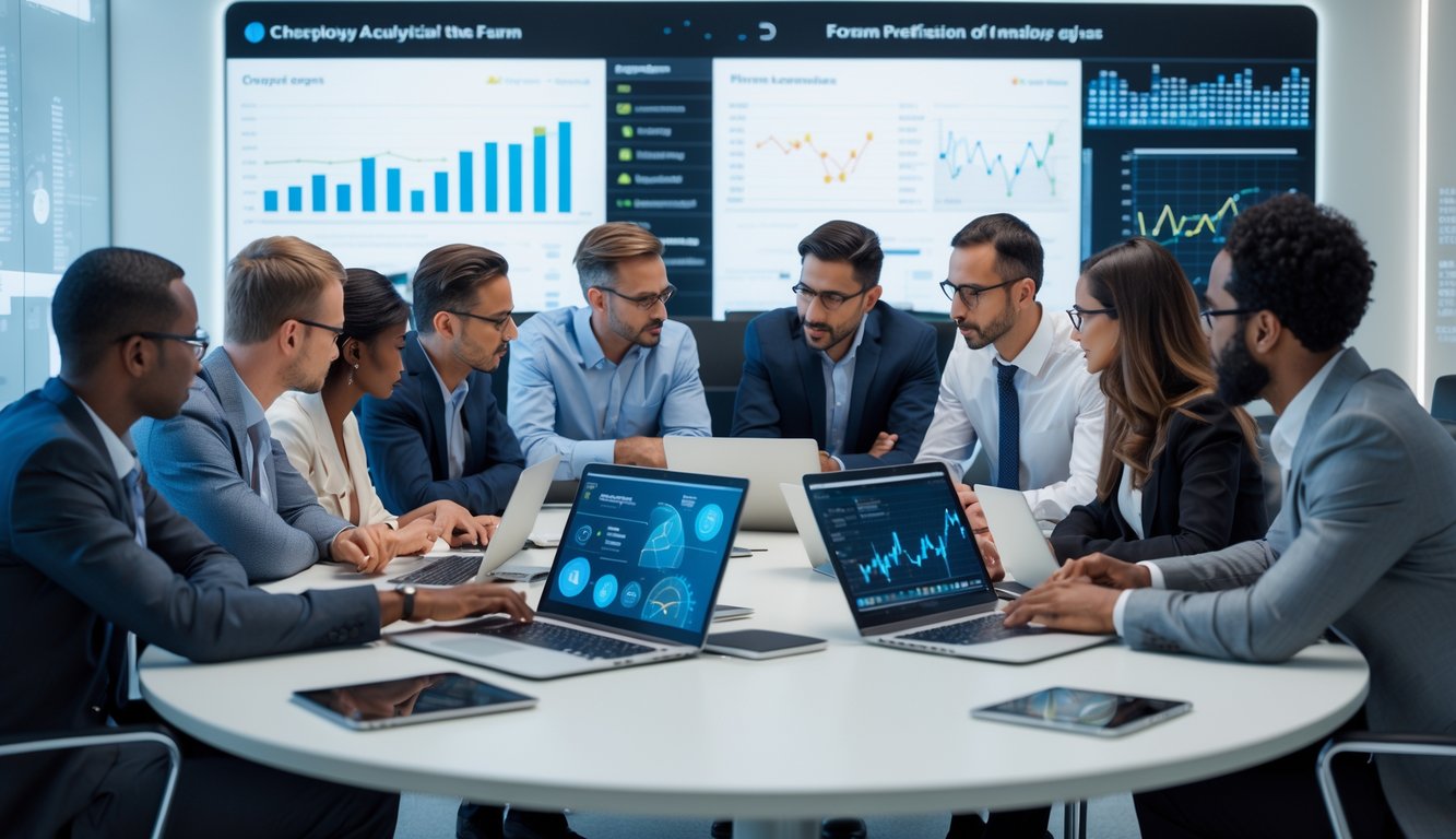 Sekelompok orang sedang berdiskusi serius di meja konferensi dengan laptop dan grafik di layar.