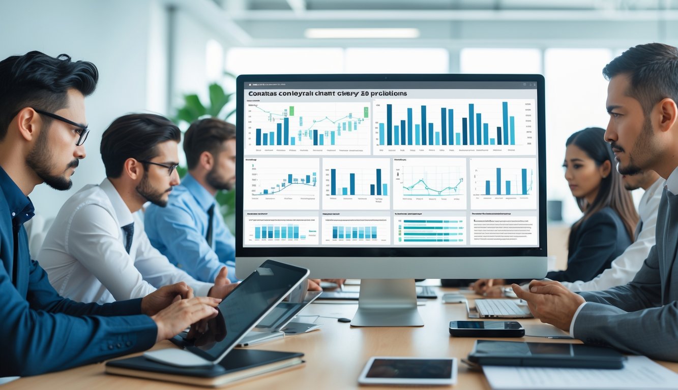 Beberapa profesional sedang menganalisis data di kantor modern dengan komputer dan perangkat digital.