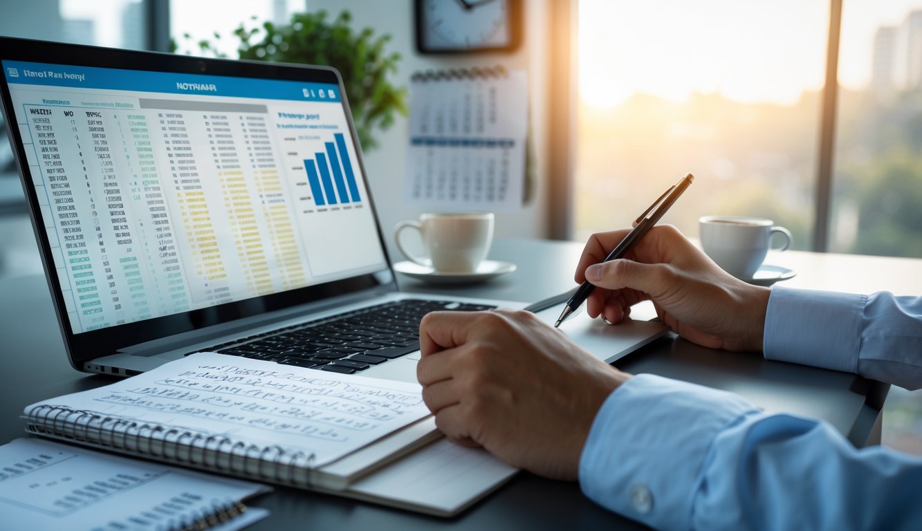 Meja kerja dengan laptop, catatan, dan tangan seseorang yang sedang menganalisis data angka lotre.