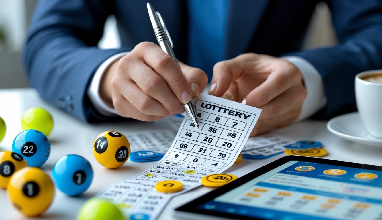 Tangan seseorang sedang menandai angka pada tiket togel di meja kerja dengan beberapa bola bernomor dan tablet digital di sekitarnya.