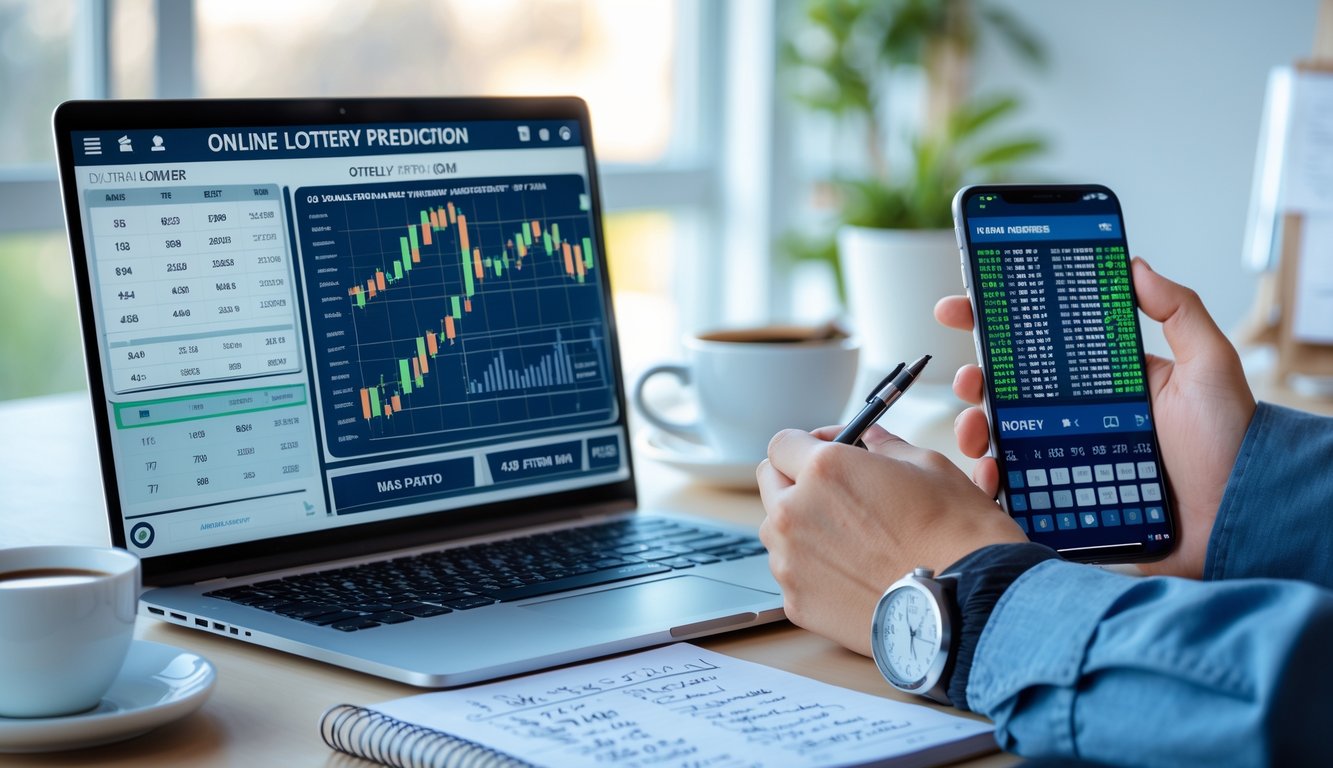 Seseorang sedang menganalisis data togel secara online di meja kerja dengan laptop, ponsel, dan catatan.