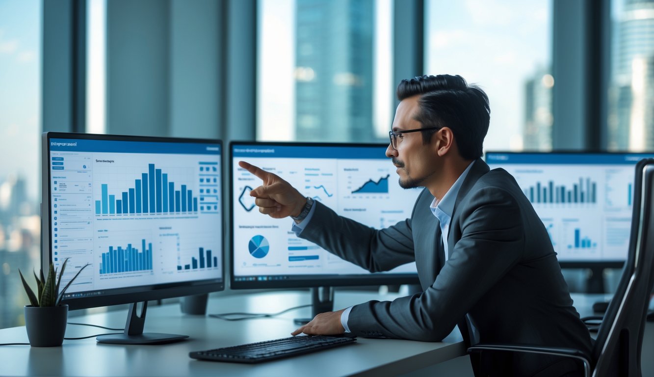 Seorang analis bisnis sedang menunjuk layar komputer dengan grafik dan data di kantor modern.