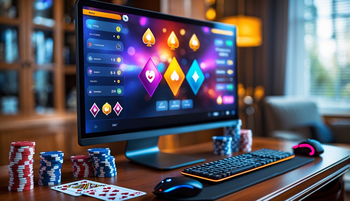 Meja kerja modern dengan komputer menampilkan permainan poker online, kartu dan chip poker tertata rapi.