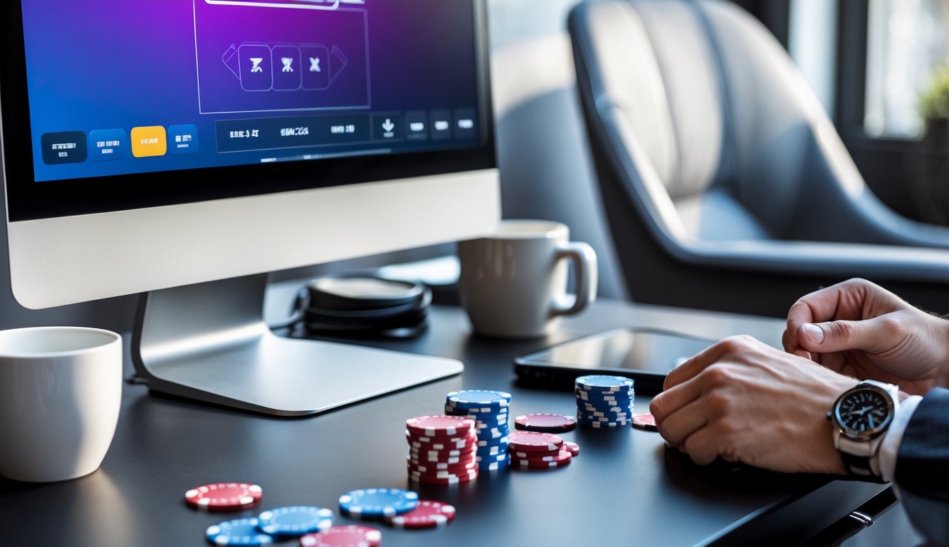 Seseorang sedang bermain poker online di depan komputer dengan chip dan kartu poker di tangan.