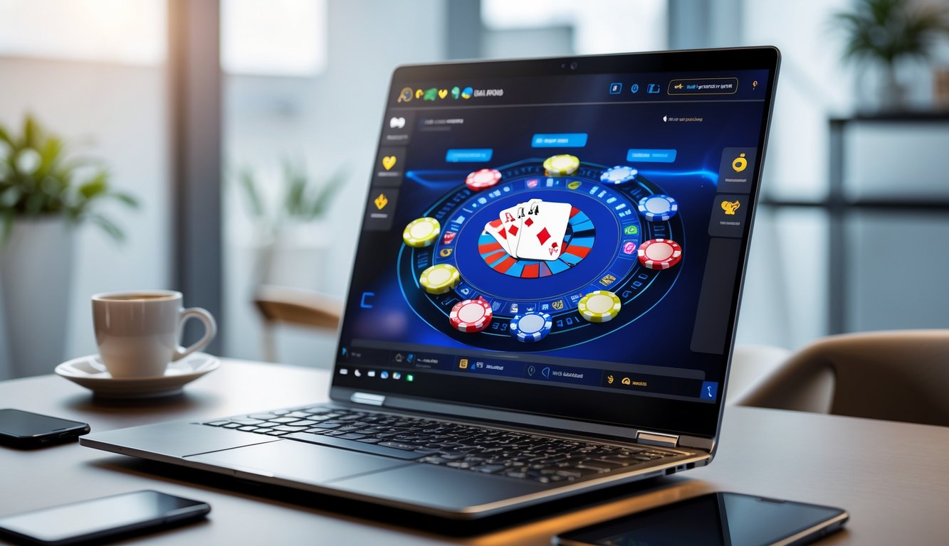Seseorang bermain poker online di depan komputer dengan chip poker dan kartu di layar.