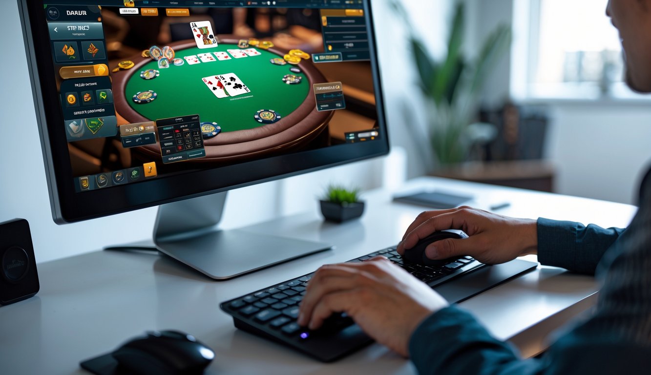 Seseorang bermain poker online dengan uang asli di depan komputer di ruang kerja modern.