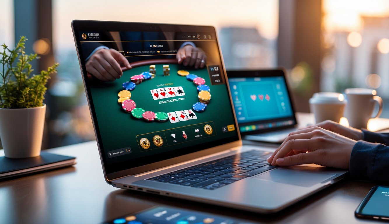 Seseorang bermain poker online di komputer dengan tumpukan chip dan kartu poker di layar.
