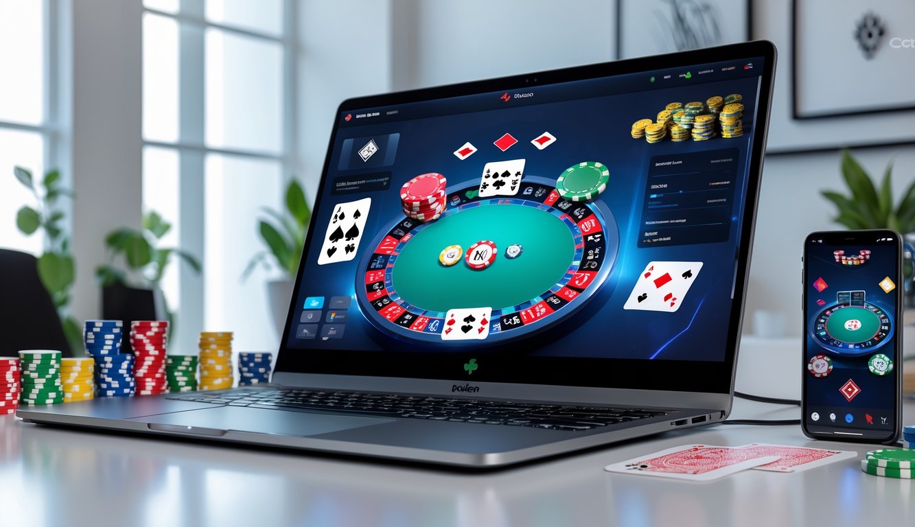 Sebuah meja kerja dengan komputer menampilkan permainan poker online, dikelilingi oleh chip poker dan kartu remi.